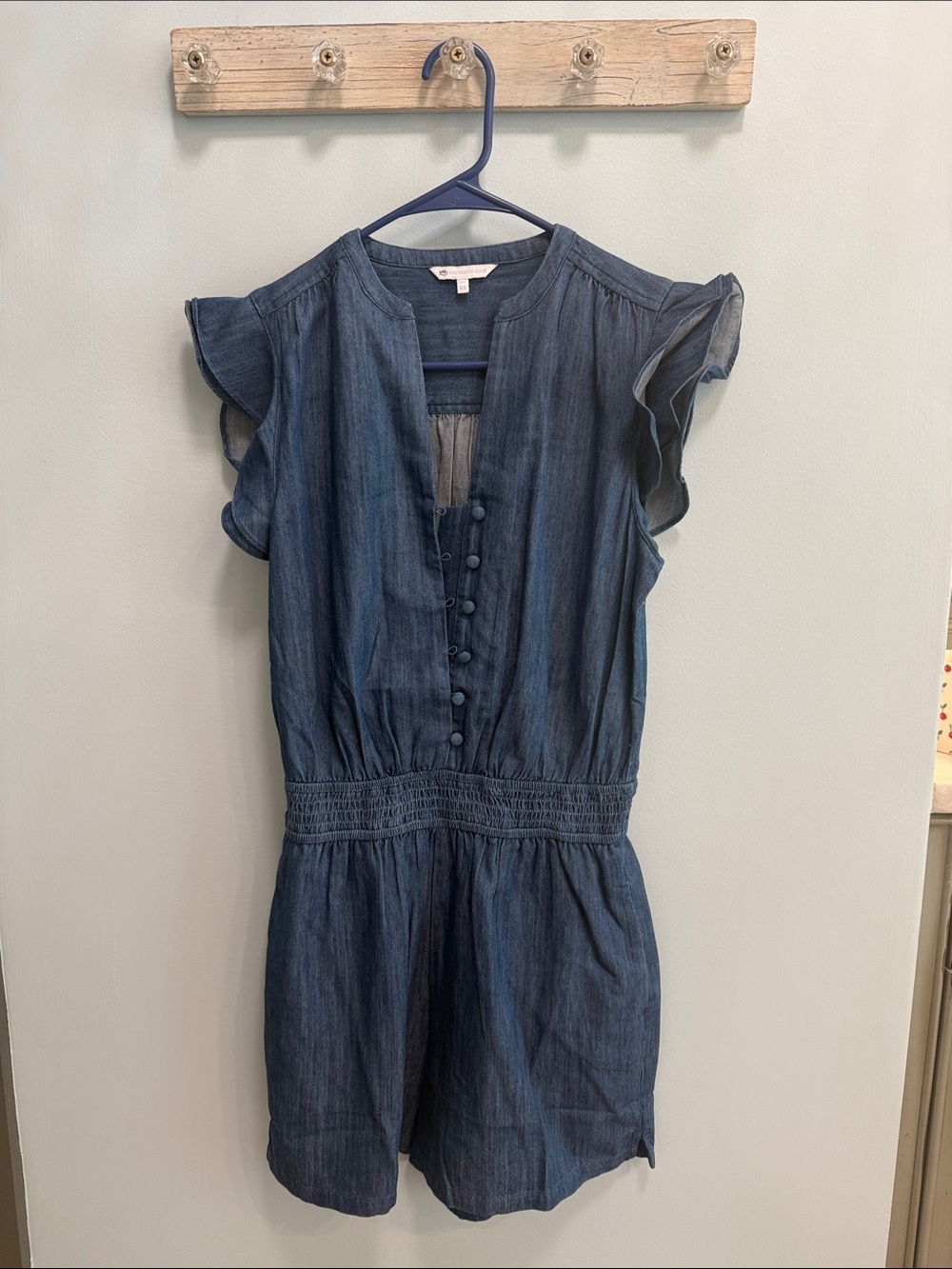 Southern Tide Navy Chambray Romper with Ruffle Sleeves